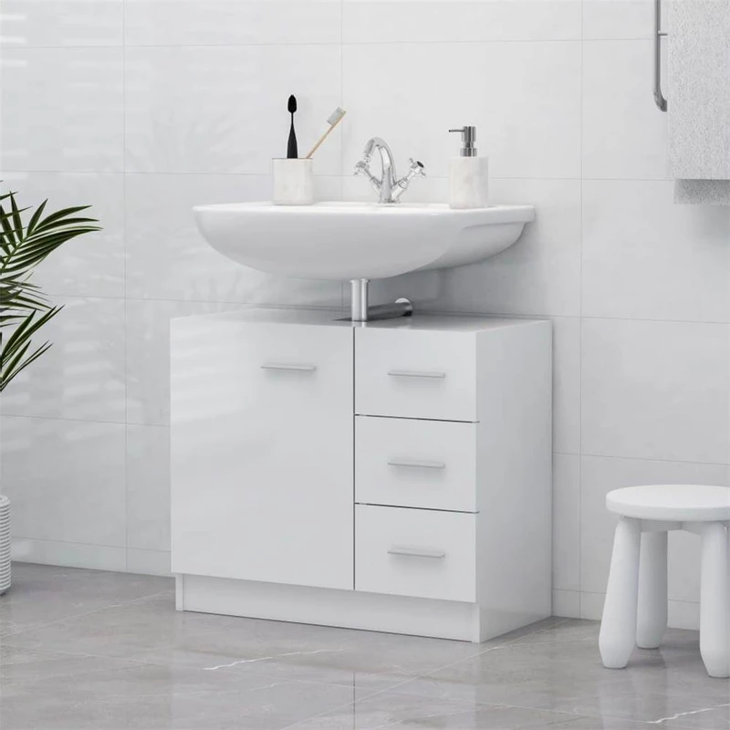 Sink Cabinet High Gloss White 63x30x54 cm Chipboard