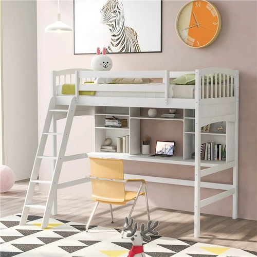 Twin Size Wooden Loft Bed Frame With Desk, Bookshelf White