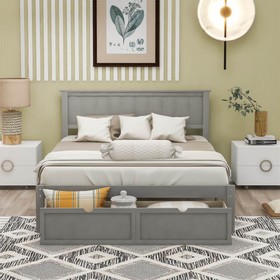 Full Size Wooden Bed Frame with Storage Drawer Gray 