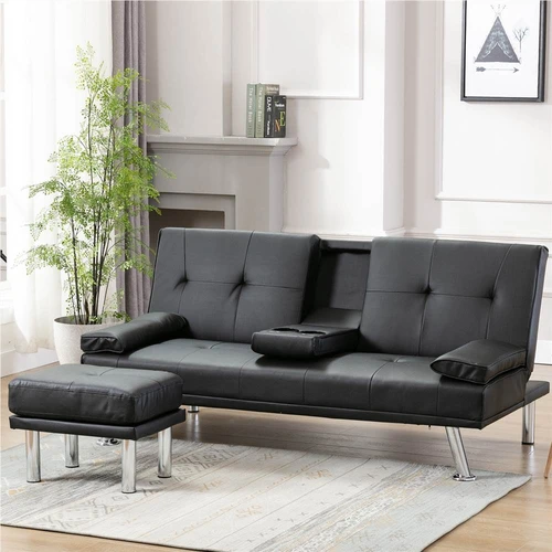 Folding Air Leather Sofa Bed With 2 Cup, Air Leather Sofa