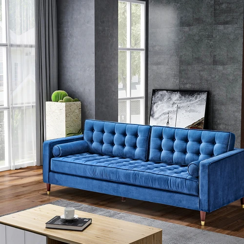 81-дюймовый бархатный диван для двоих, дуб, деревянные ножки, синий