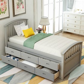 Orisfur Twin Size Wooden Bed Frame with 6 Drawers Gray