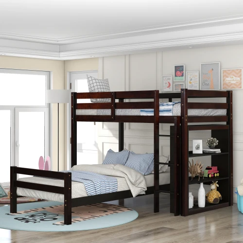 Twin Size Wooden Bunk Bed Frame Espresso, 3 Layer Bunk Bed
