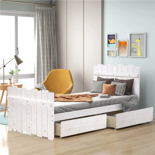 Twin Size Wooden Bed Frame Rustic Style, Twin Wooden Bed Frame With Drawers