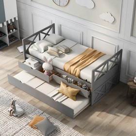 Twin Size Wooden Bed Frame with Drawers and Trundle Bed Gray