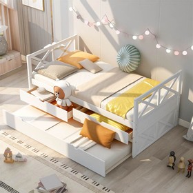 Twin Size Wooden Bed Frame with Drawers and Trundle Bed White