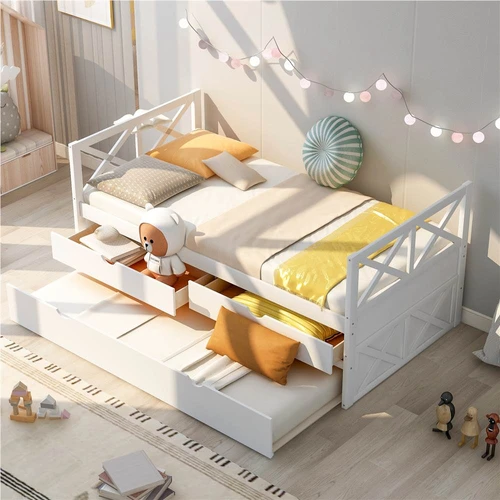 Twin Size Wooden Bed Frame With Drawers, White Twin Trundle Bed With Drawers