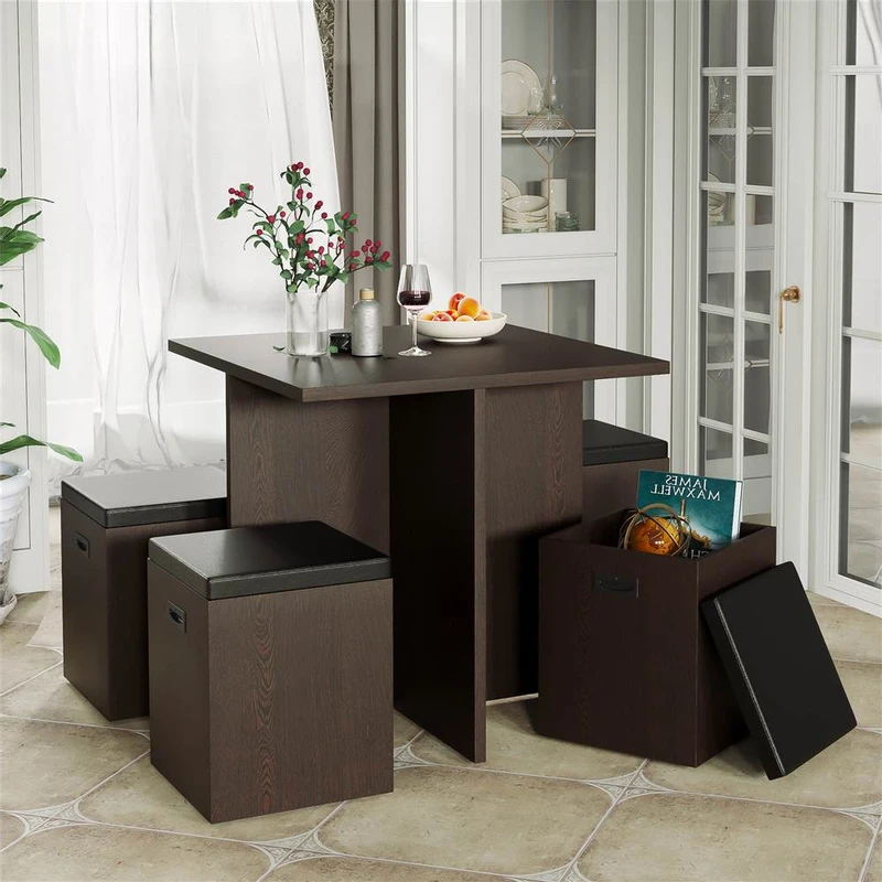 TREXM 5 Pieces Dining Table Set with 4 Storage Ottomans Espresso