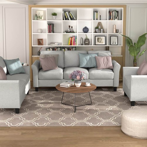 3+2+1-seat Linen Upholstered Sofa Set, for Living Room, Bedroom, Office, Apartment - Light Grey