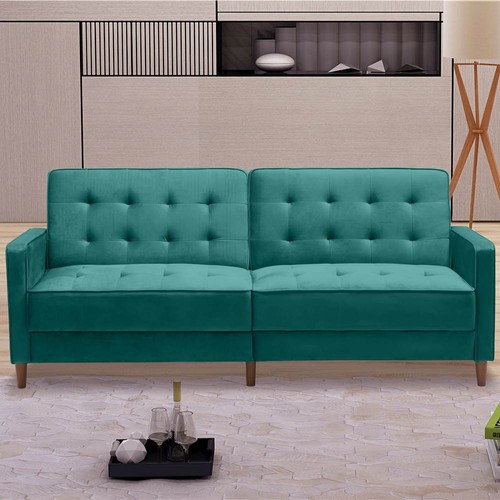 78-дюймовый диван-кровать с обивкой из бархатной ткани и квадратнымиподлокотниками, зеленый