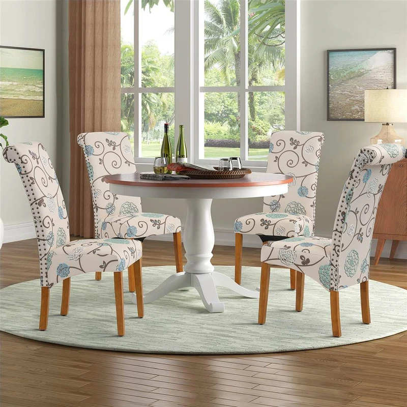 Linen Upholstered Dining Chair Set of 2 Flower