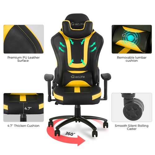 Home Office PU Leather Vibration Massage Gaming Chair Black + Yellow