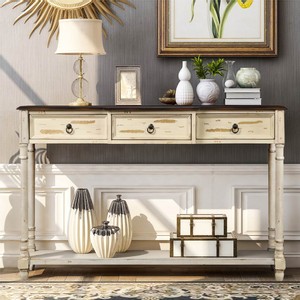 TREXM 51 Console Table with 3 Storage Drawers Beige