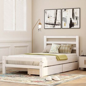 Twin-Size Wooden Platform Bed Frame with 2 Drawers White