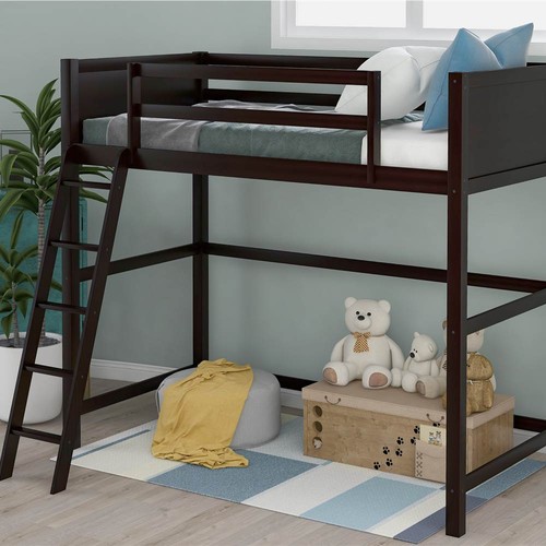 Twin-Size Wooden Loft Bed Frame With Ladder Espresso