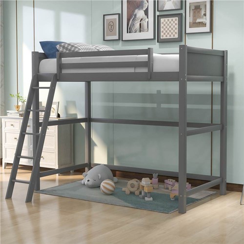 Full Size Loft Bed Solid Wood Bed Frame with Ladder, Shelves & Desk - Gray