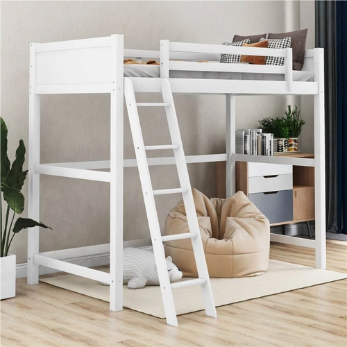 Twin-Size Wooden Loft Bed Frame with Ladder White