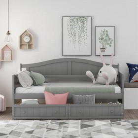 Twin-Size Wooden Platform Daybed Frame with 2 Drawers Gray