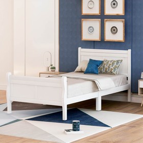 Twin-Size Wooden Platform Bed Frame with Wooden Slats White 