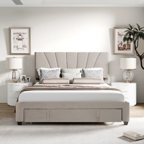 Queen-Size Velvet Bed Frame with Storage Drawer Beige