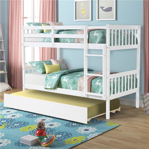 Twin-Over-Twin Size Wooden Bunk Bed Frame With Trundle Bed White