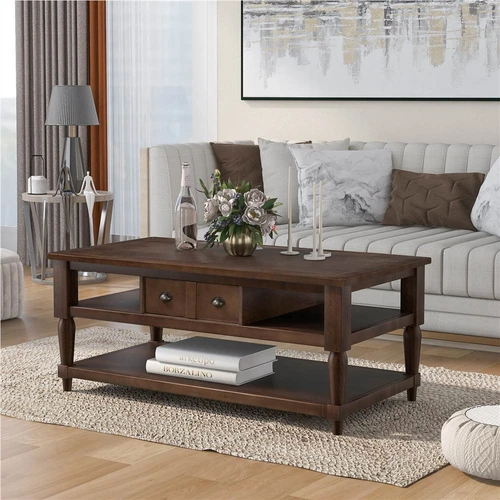 U Style Wooden Coffee Table With Storage Drawer Brown U Style Wooden Coffee Table With, Coffee Table Drawer Knobs