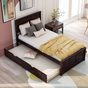 Twin Size Wooden Platform Bed Frame with Trundle Bed Espresso 