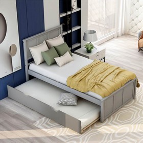 Twin Size Wooden Platform Bed Frame with Trundle Bed Gray 