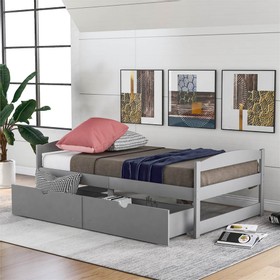 Twin Size Wooden Platform Bed Frame with 2 Storage Drawers Gray 