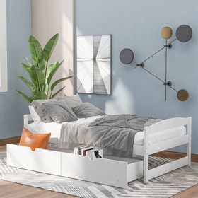 Twin Size Wooden Platform Bed Frame with 2 Storage Drawers White