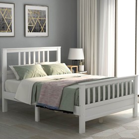 Full Size Wooden Platform Bed Frame with Headboard White 