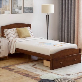 Twin Size Wooden Platform Bed Frame with Storage Drawer Walnut
