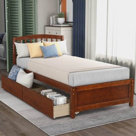 Twin Size Wooden Platform Bed Frame with 2 Storage Drawers Walnut