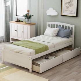 Twin Size Wooden Platform Bed Frame with 2 Storage Drawers White 