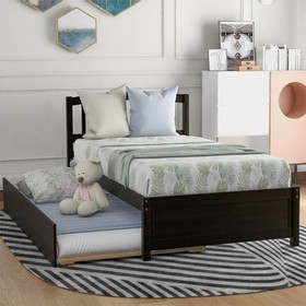 Twin Size Wooden Platform Bed Frame with Trundle Bed Espresso
