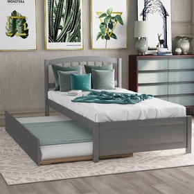 Twin Size Wooden Platform Bed Frame with Trundle Bed Gray