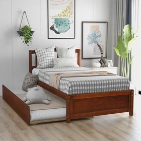 Twin Size Wooden Platform Bed Frame with Trundle Bed Walnut