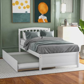 Twin Size Wooden Platform Bed Frame with Trundle Bed White