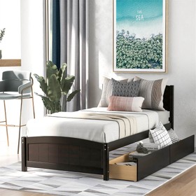 Twin Size Wooden Platform Bed Frame with 2 Storage Drawers Espresso