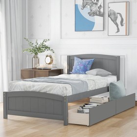 Twin Size Wooden Platform Bed Frame with 2 Storage Drawers Gray 