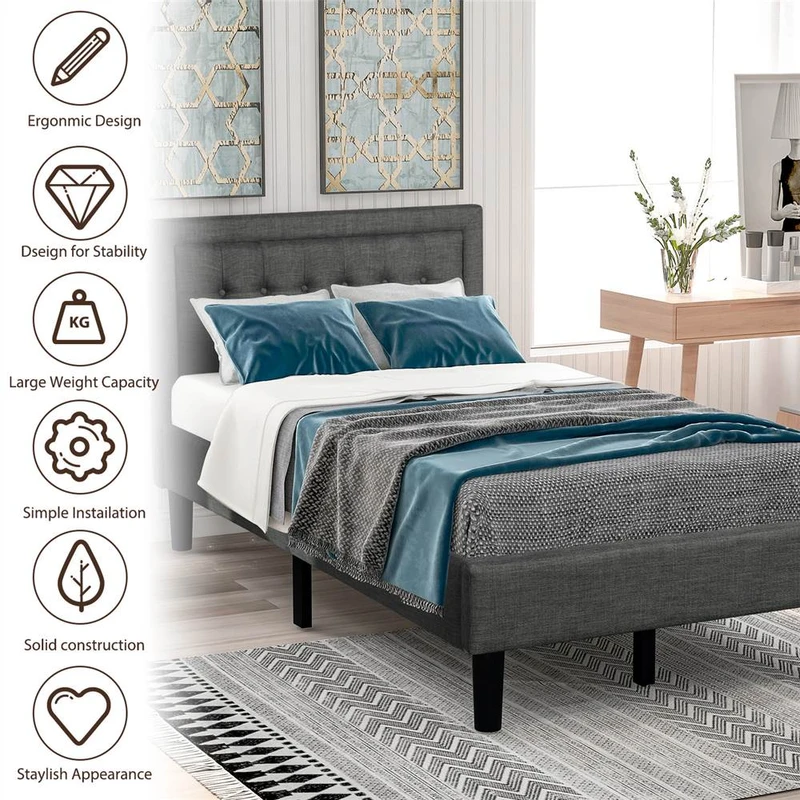 Twin Size Upholstered Platform Bed Frame with Headboard Gray