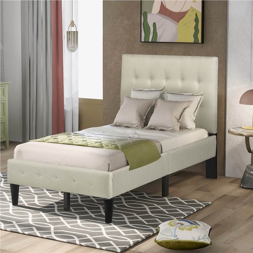Twin Size Upholstered Platform Bed Frame with Tufted Headboard Beige