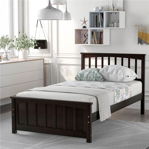 Twin Size Wooden Platform Bed Frame with Headboard Espresso