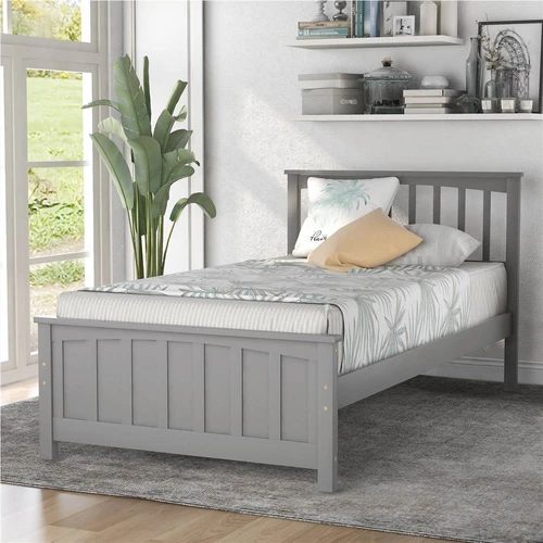 Twin Size Wooden Platform Bed Frame with Headboard Gray
