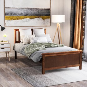 Twin Size Wooden Platform Bed Frame with Headboard Walnut
