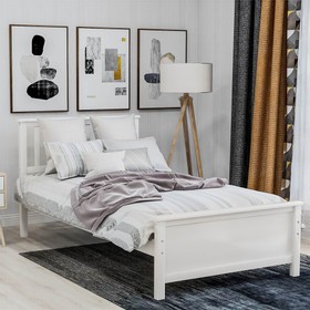Twin Size Wooden Platform Bed Frame with Headboard White