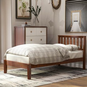 Twin Size Wooden Platform Bed Frame with Headboard Walnut
