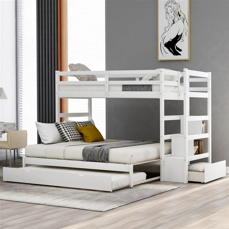 Twin Over Twin King Size Wooden Bunk Bed Frame with Trundle White