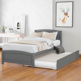Twin-Size Platform Bed Frame with Trundle Bed Gray