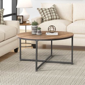 35" Round Wooden Coffee Table, with Metal Frame Light Brown